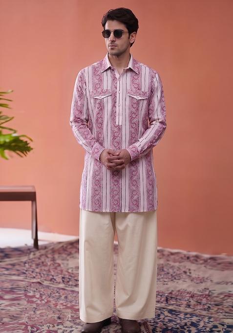 Light Pink Printed Cotton Kurta Set For Men