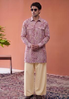 Maroon Printed Cotton Kurta Set For Men
