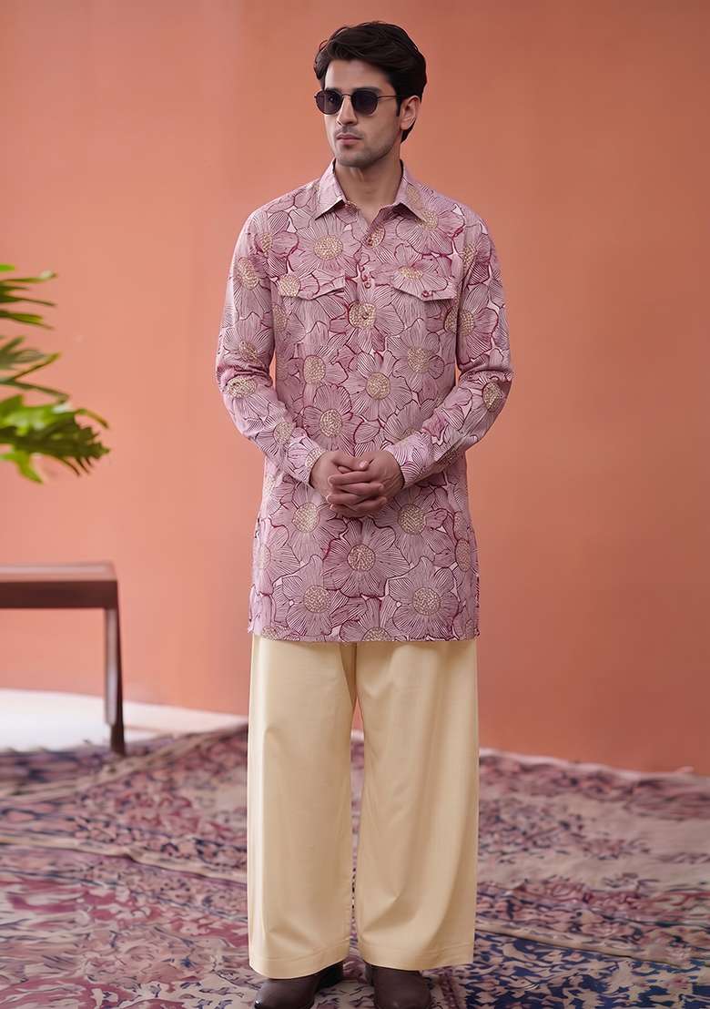 Maroon Printed Cotton Kurta Set For Men - Indya