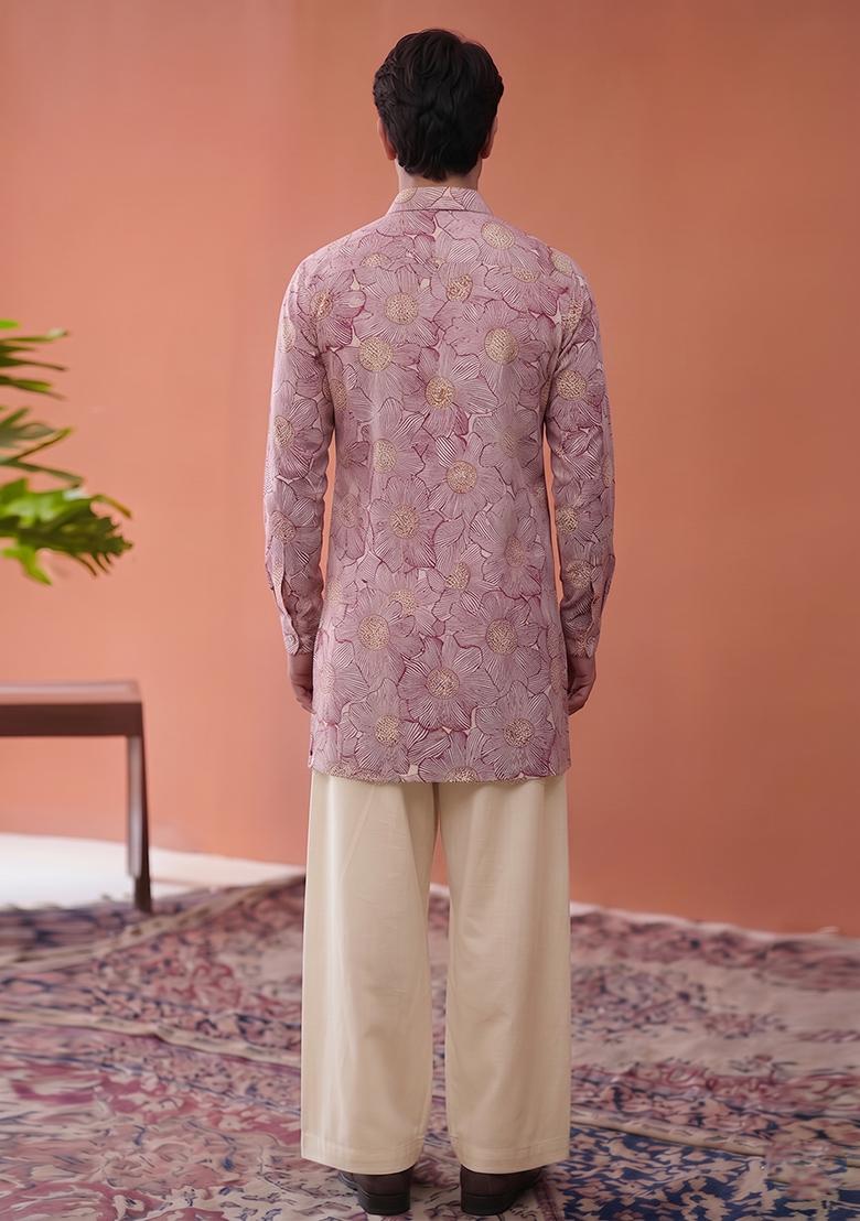 Maroon Printed Cotton Kurta Set For Men - Indya