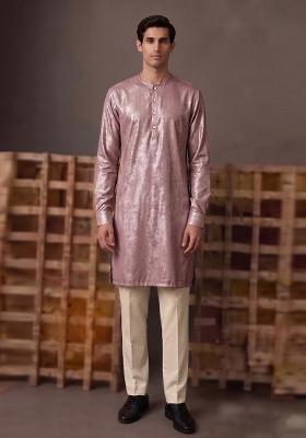 Dusty Rose Solid Crepe Kurta Set For Men