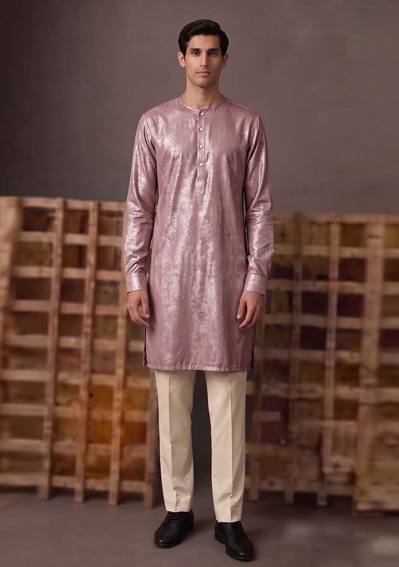 Dusty Rose Solid Crepe Kurta Set For Men - Indya