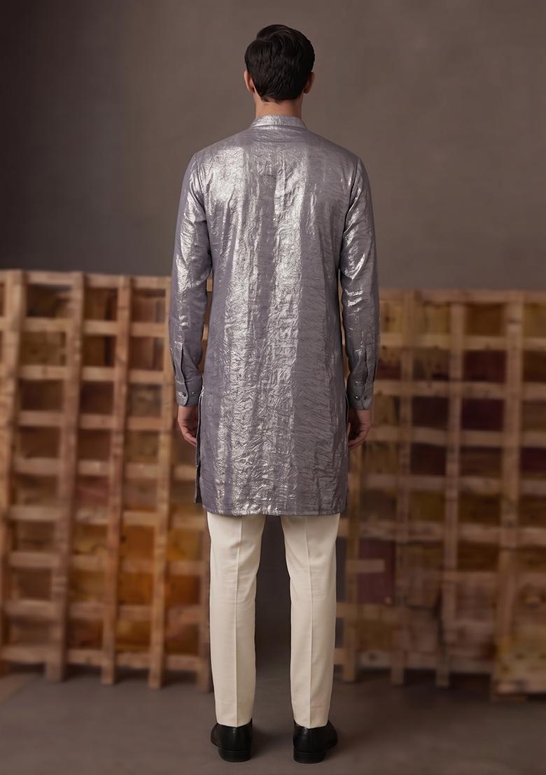 Charcoal Grey Solid Crepe Kurta Set For Men - Indya