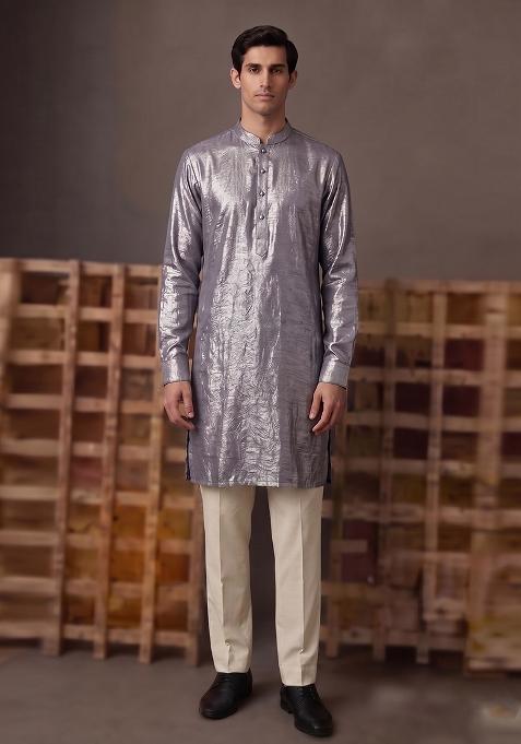 Charcoal Grey Solid Crepe Kurta Set For Men