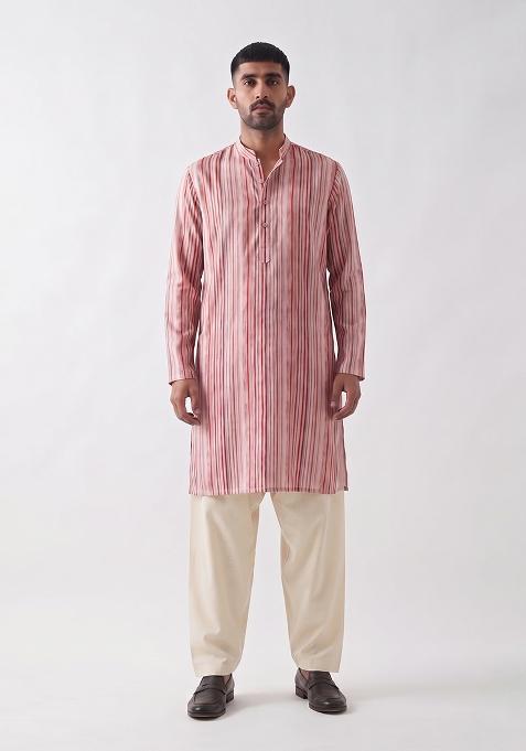 Pink Printed Cotton Kurta Set For Men