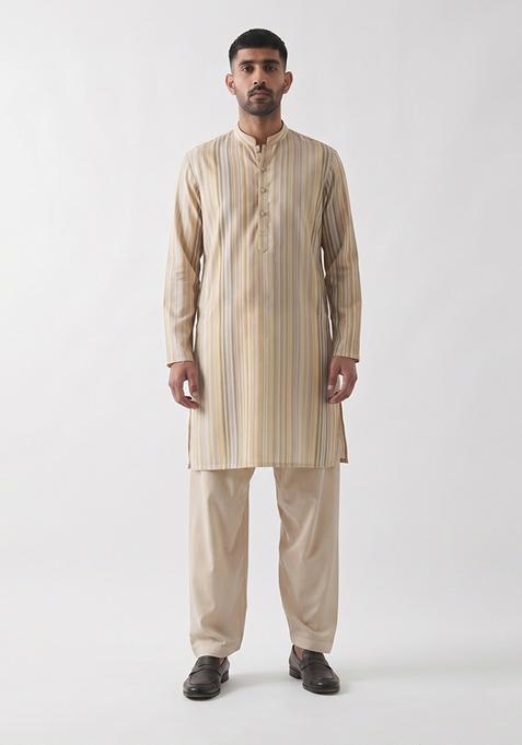 Beige Printed Cotton Kurta Set For Men