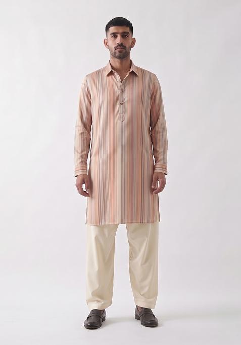 Peach Printed Cotton Kurta Set For Men