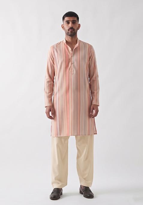 Light Orange Printed Cotton Kurta Set For Men