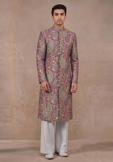 Purple Printed Kurta Set For Men