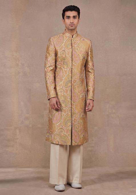 Gold Printed Kurta Set For Men
