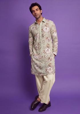 Mint Green Printed Crepe Kurta Set For Men