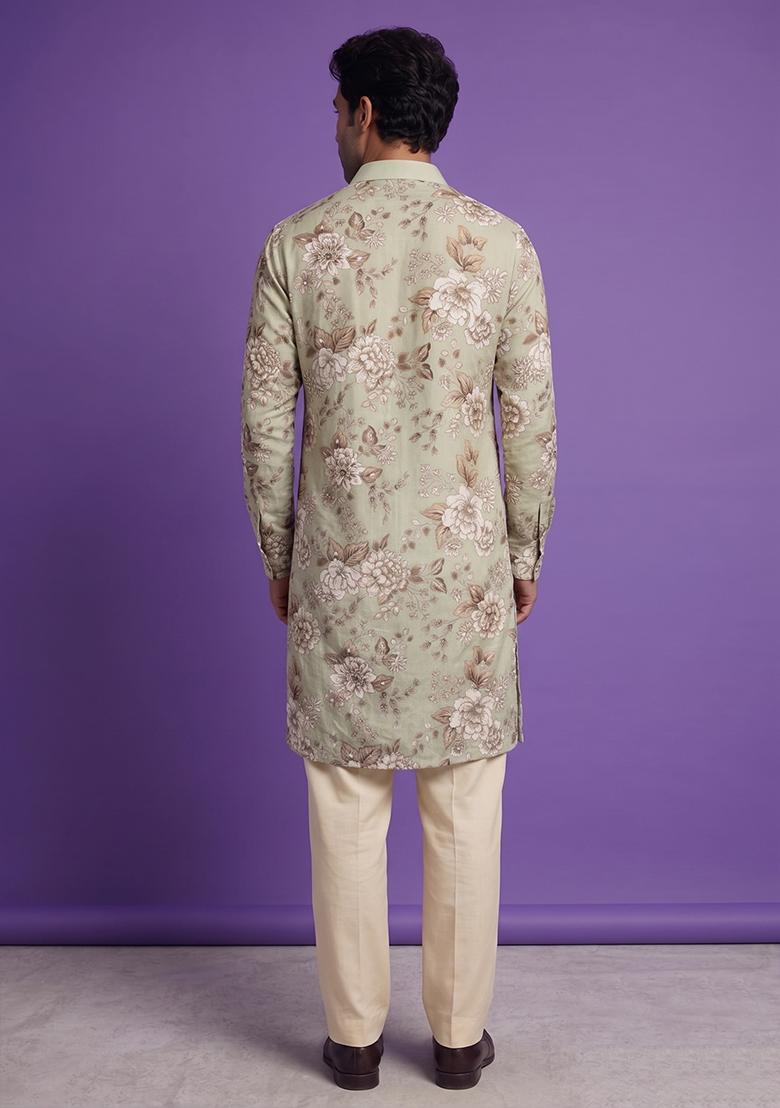 Mint Green Printed Crepe Kurta Set For Men - Indya