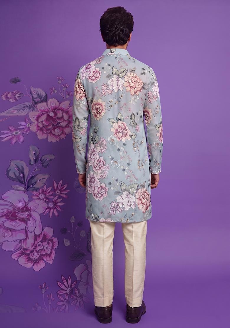 Sky Blue Printed Crepe Kurta Set For Men - Indya