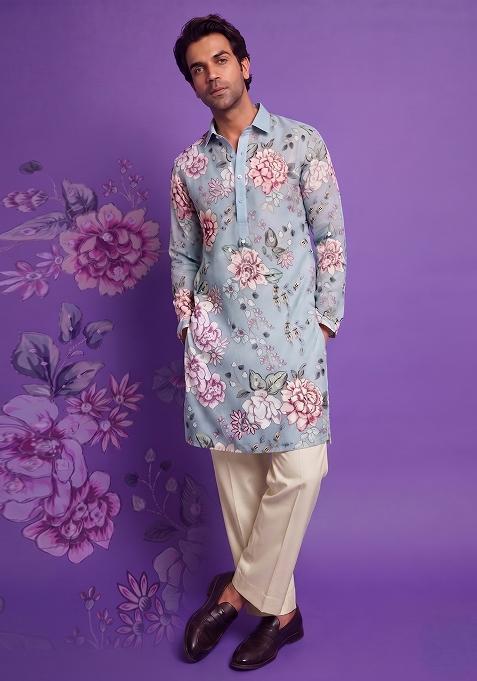 Sky Blue Printed Crepe Kurta Set For Men