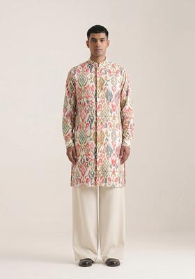 Beige Printed Cotton Kurta Set For Men