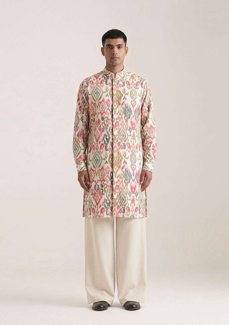 Beige Printed Cotton Kurta Set For Men - Indya