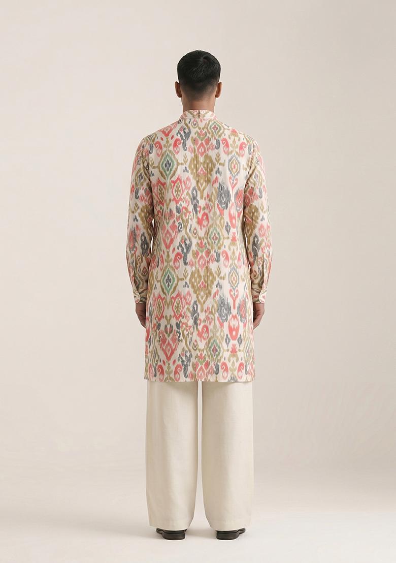 Beige Printed Cotton Kurta Set For Men - Indya