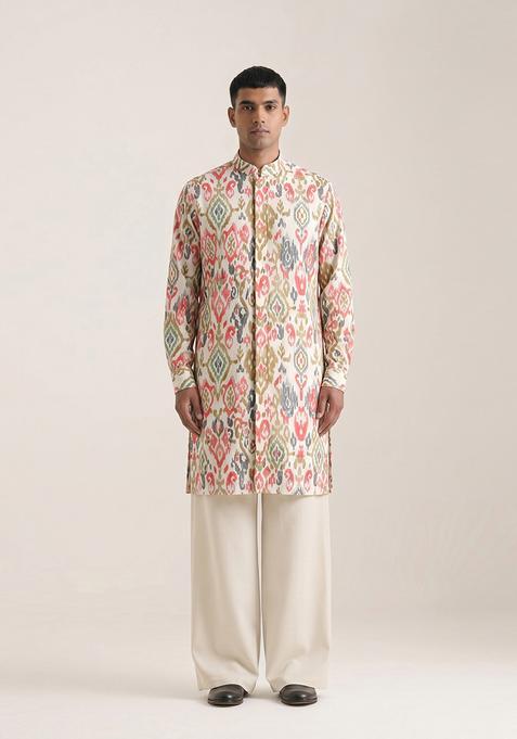 Beige Printed Cotton Kurta Set For Men