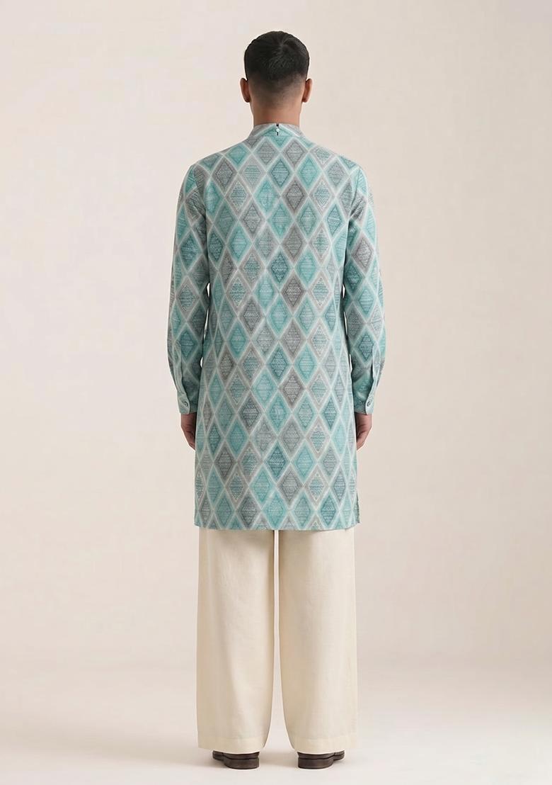 Blue Printed Cotton Kurta Set For Men - Indya
