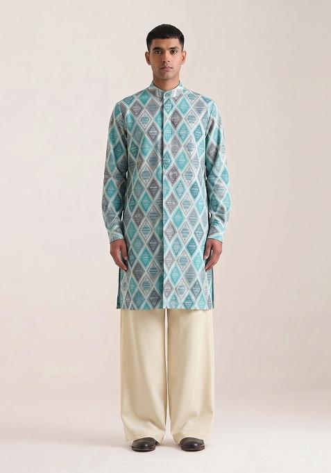 Blue Printed Cotton Kurta Set For Men