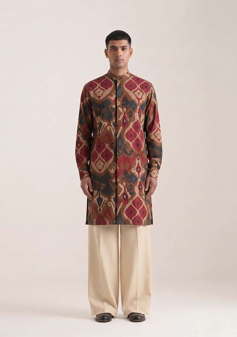 Brown Printed Cotton Kurta Set For Men - Indya