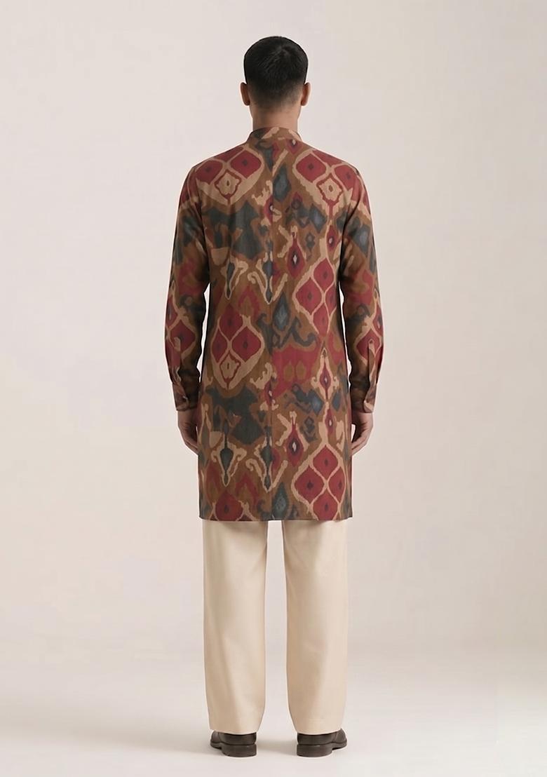 Brown Printed Cotton Kurta Set For Men - Indya
