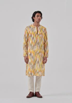 Yellow Printed Crepe Kurta Set For Men