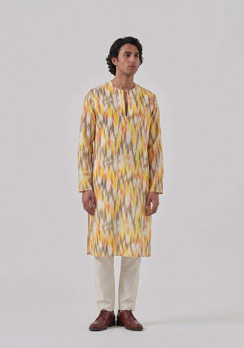 Yellow Printed Crepe Kurta Set For Men - Indya