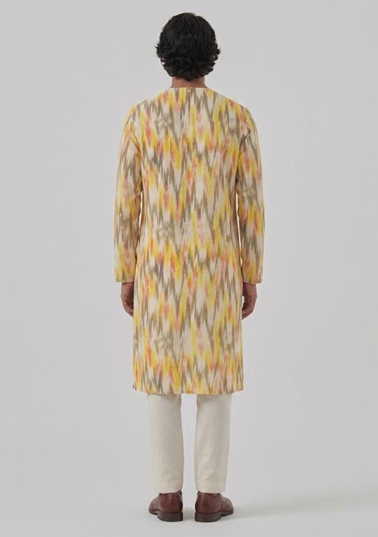 Yellow Printed Crepe Kurta Set For Men - Indya