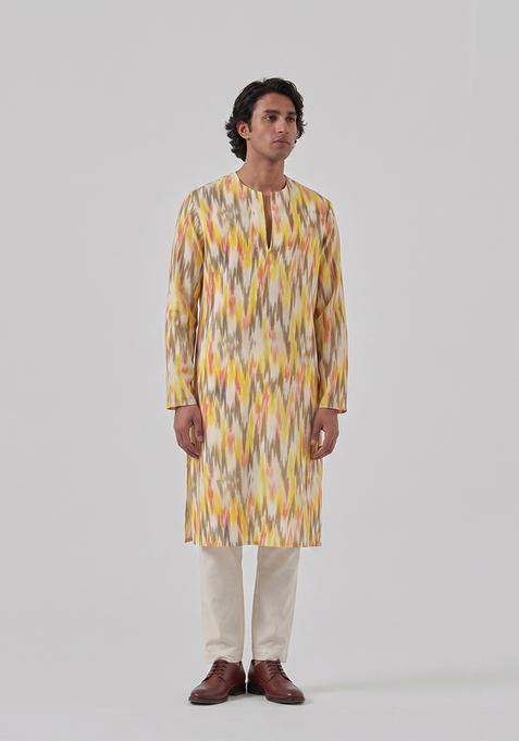 Yellow Printed Crepe Kurta Set For Men