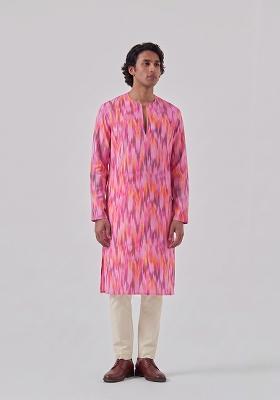 Pink Printed Crepe Kurta Set For Men