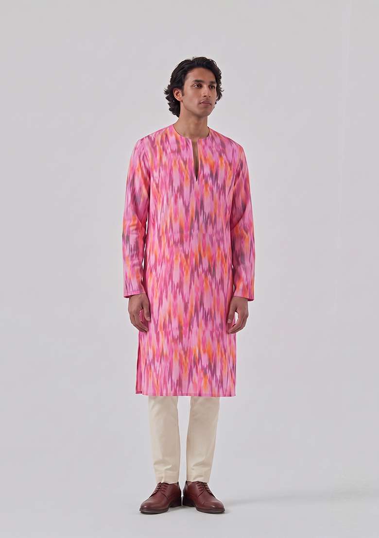 Pink Printed Crepe Kurta Set For Men - Indya