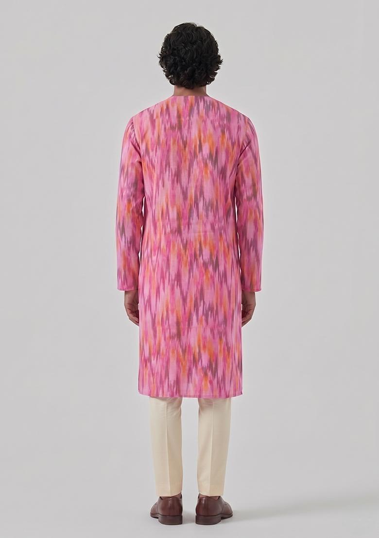 Pink Printed Crepe Kurta Set For Men - Indya