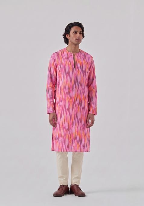 Pink Printed Crepe Kurta Set For Men