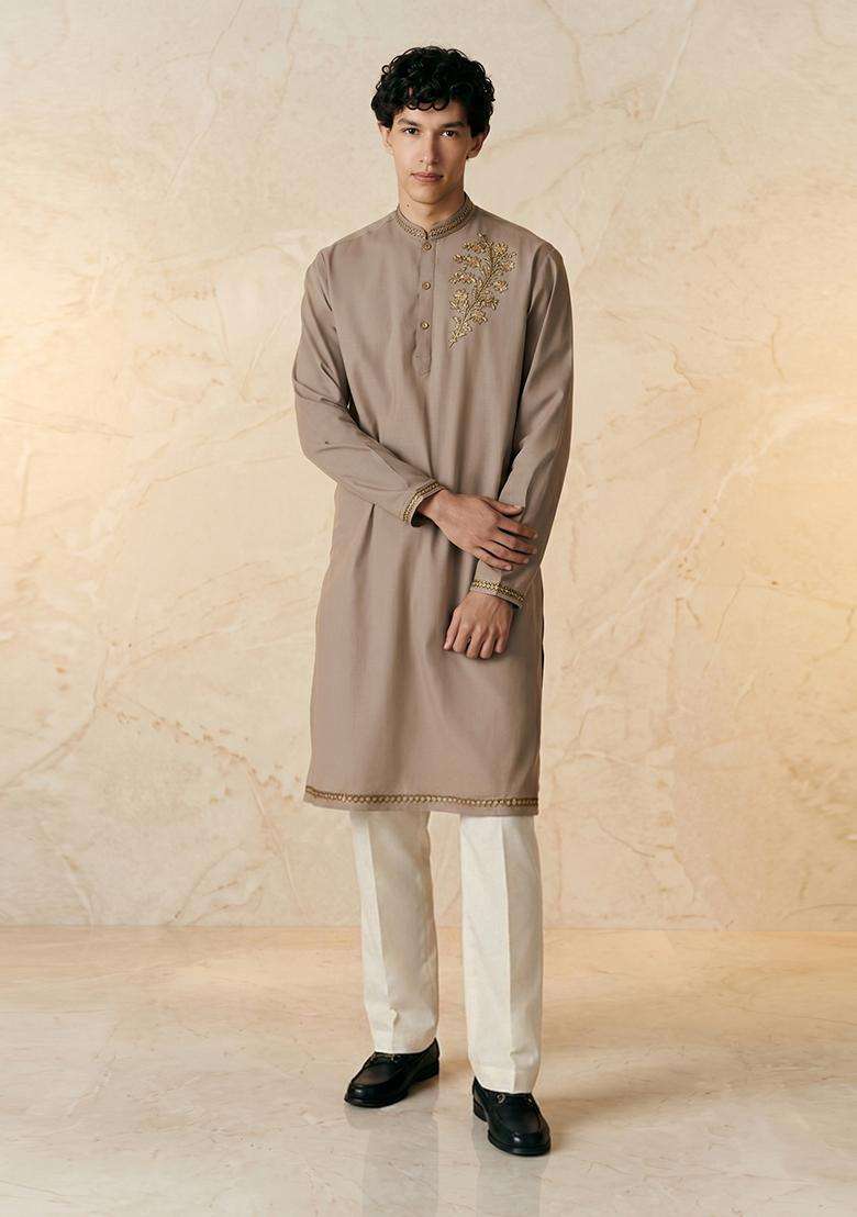 Taupe Silk Blend Handwork Kurta Set - Indya