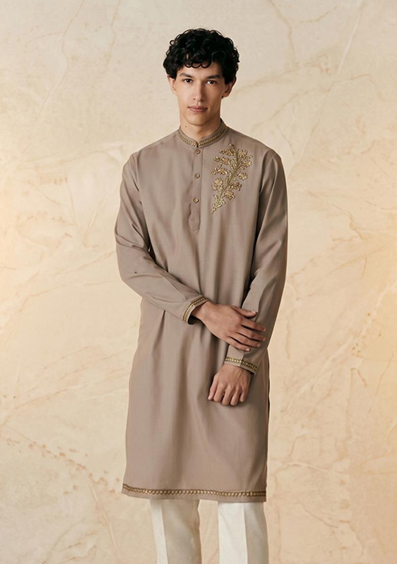 Taupe Silk Blend Handwork Kurta Set - Indya