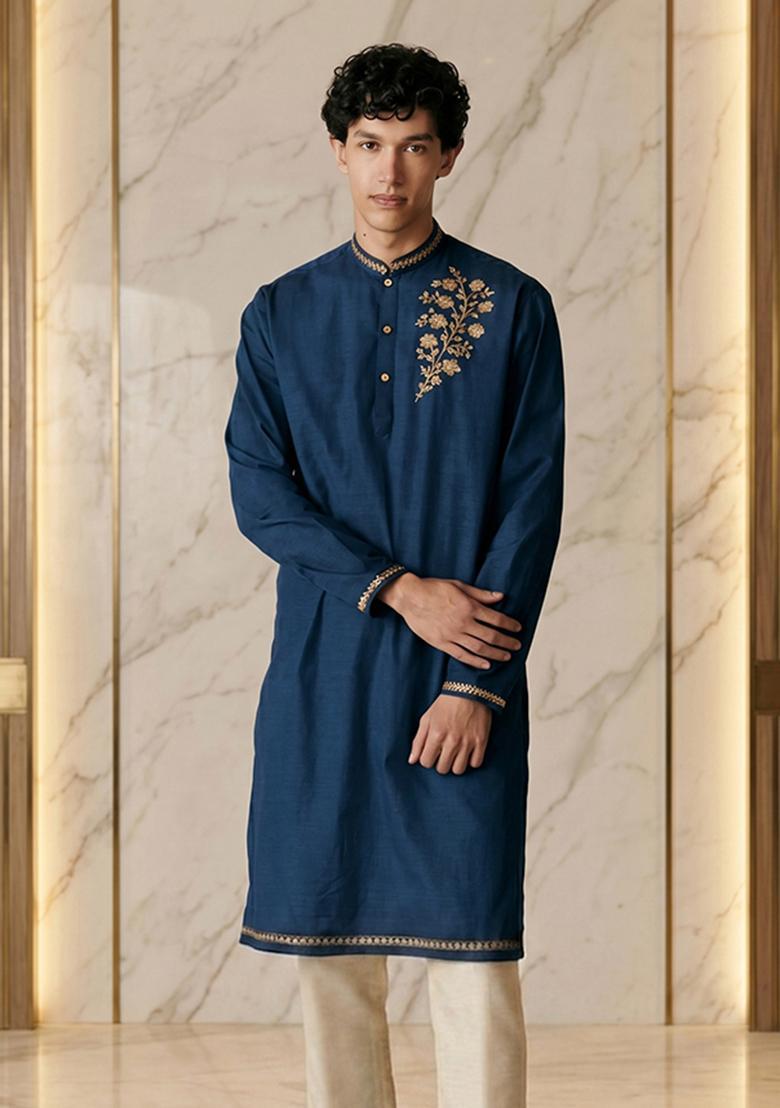 Navy Blue Silk Blend Handwork Kurta Set - Indya