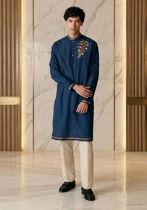 Navy Blue Silk Handwork Kurta Set
