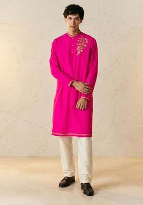 Rani Pink Silk Blend Handwork Kurta Set