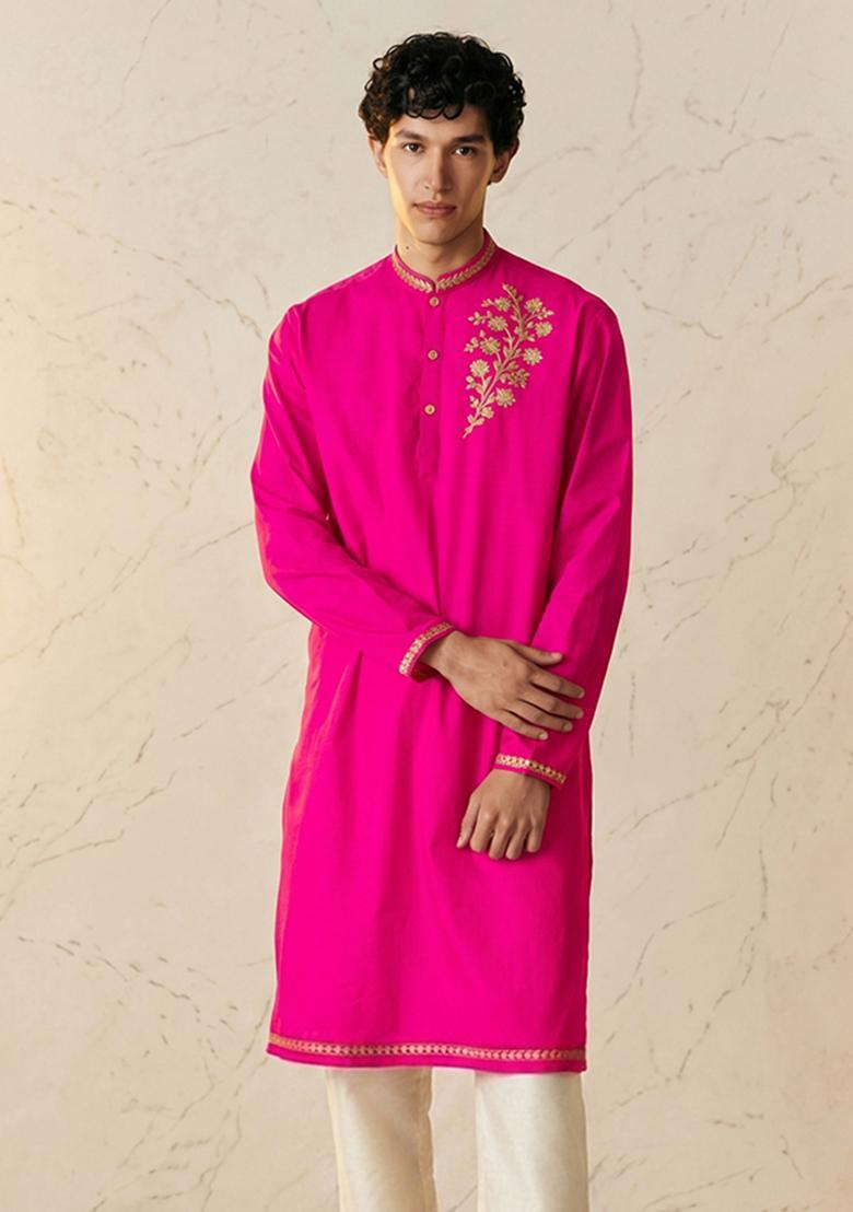 Rani Pink Silk Blend Handwork Kurta Set - Indya