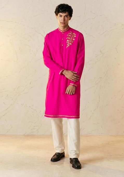 Rani Pink Silk Handwork Kurta Set