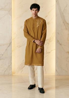 Mustard Silk Blend Handwork Kurta Set