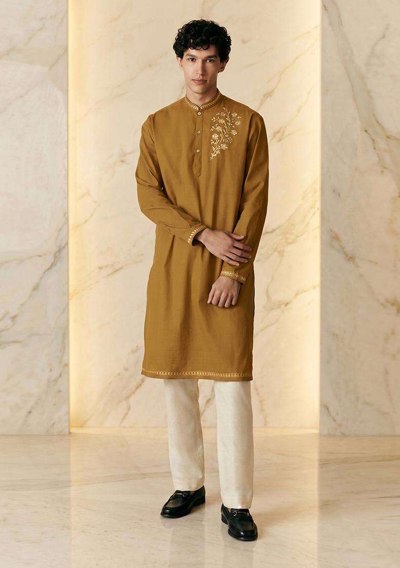Mustard Silk Blend Handwork Kurta Set - Indya