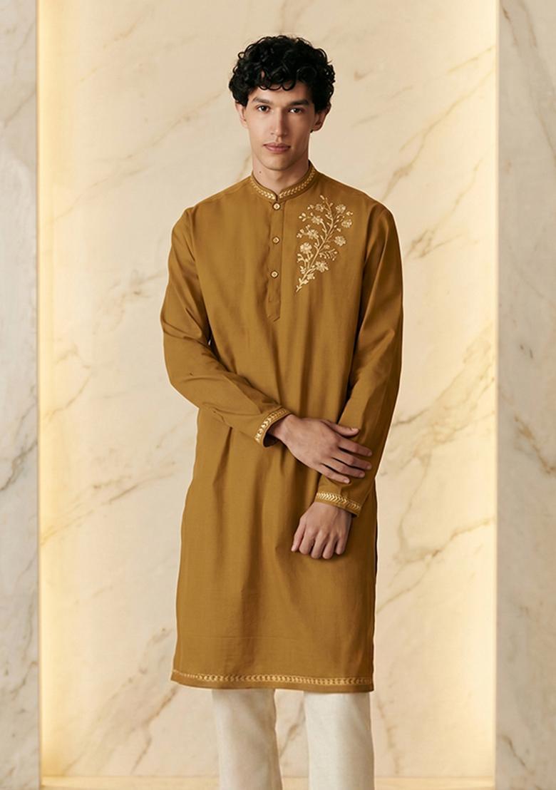 Mustard Silk Blend Handwork Kurta Set - Indya