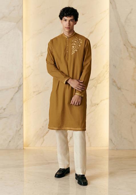 Mustard Silk Handwork Kurta Set