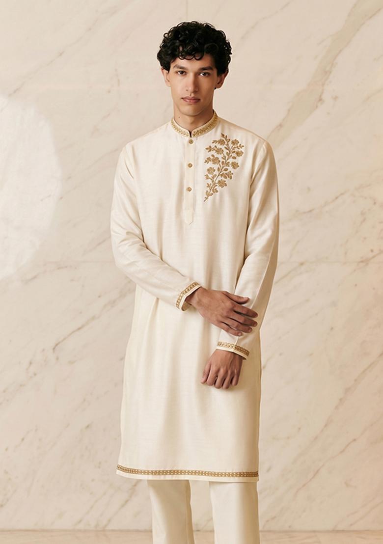 Off White Silk Blend Handwork Kurta Set - Indya