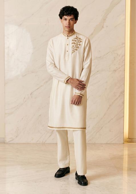 Off White Silk Handwork Kurta Set