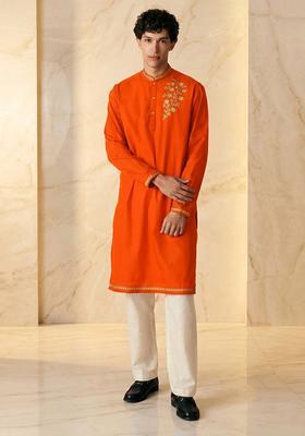 Orange Silk Blend Handwork Kurta Set