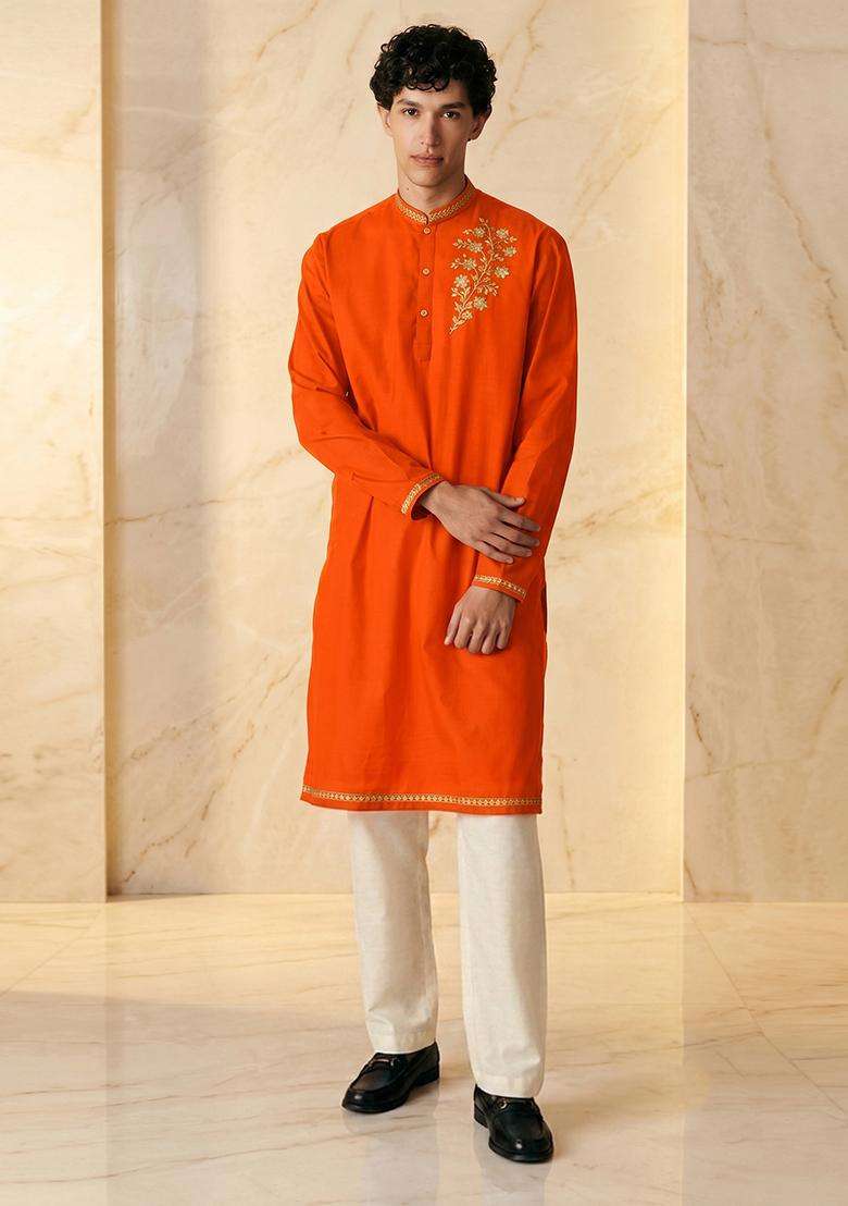Orange Silk Blend Handwork Kurta Set - Indya