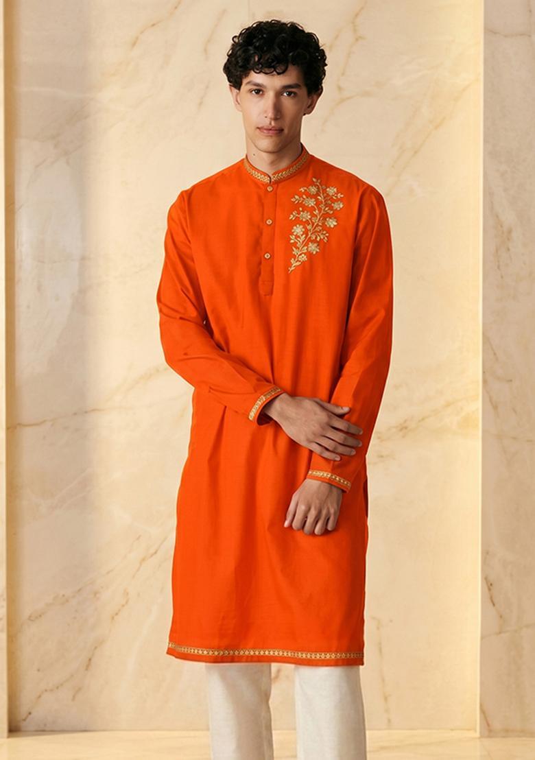 Orange Silk Blend Handwork Kurta Set - Indya